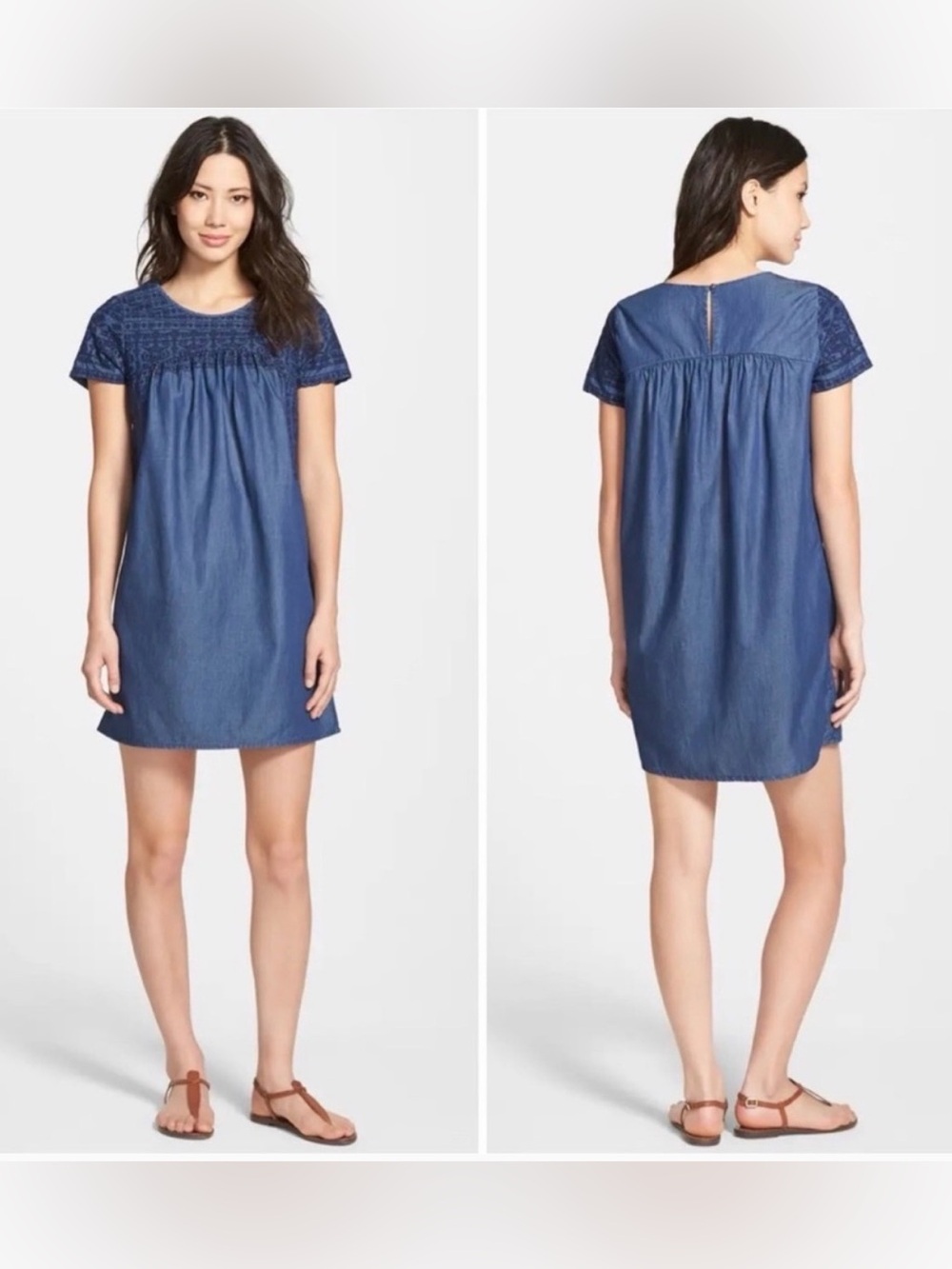 Lucky Brand Women's Blue Short Sleeve Embroidered Chambray Mini Dress Medium NWT